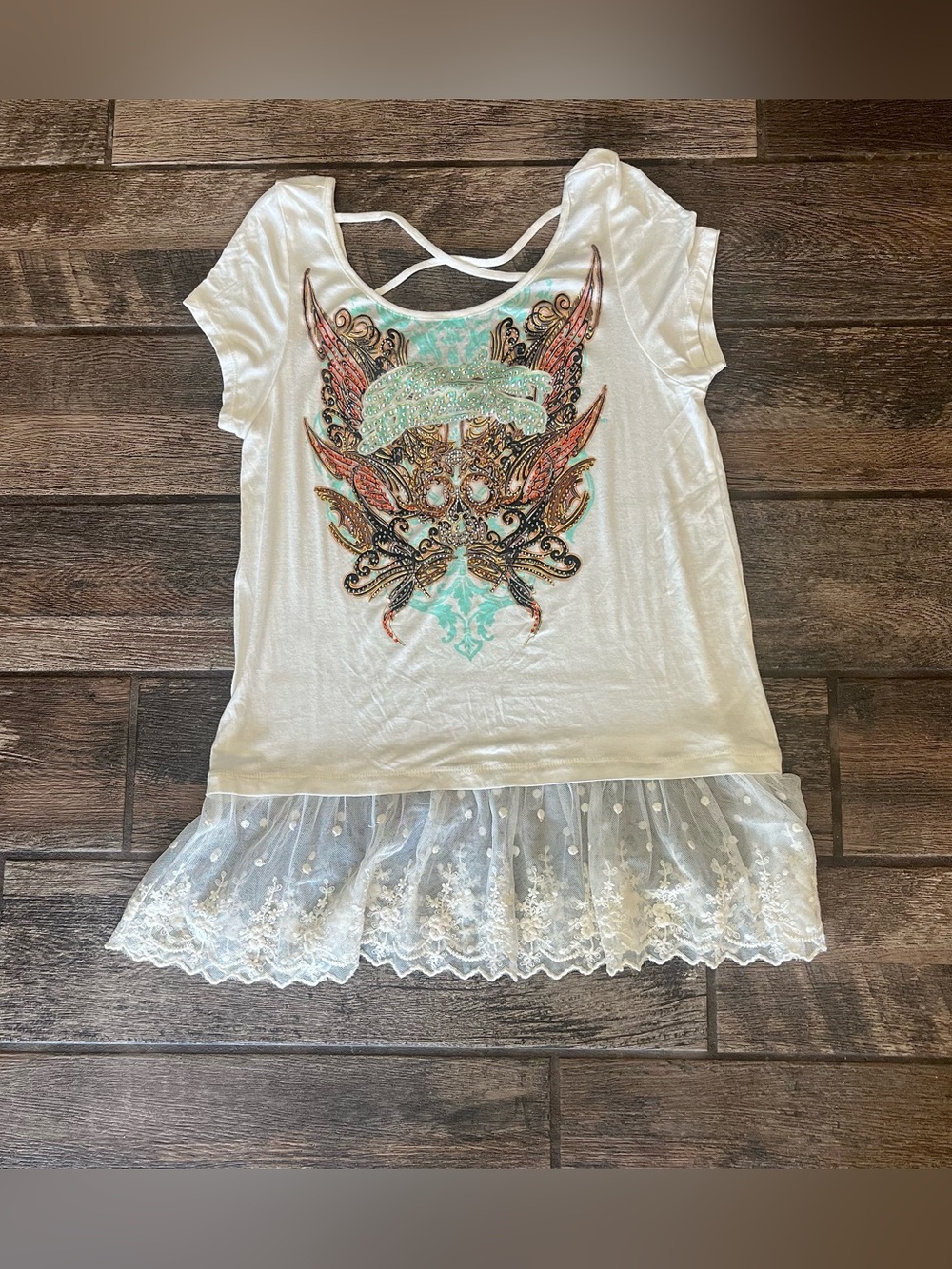 Harley Davidson t-shirt tunic skull rhinestones bottom lace M